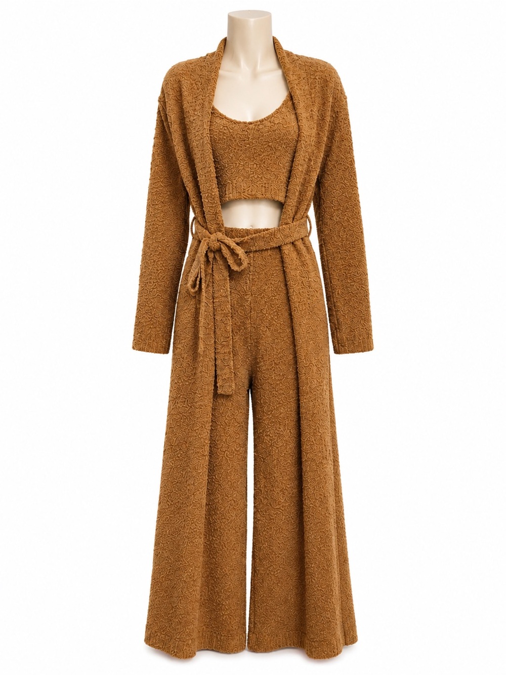 Authentic SKIMS Cozy Knit 3 Piece Set Tank Pants Robe Camel NWOT